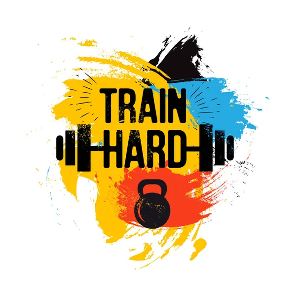 Black kettlebell and barbell on colorful brush background with inspirational phrase - train hard. Fitness sport quote. Vector illustration for bodybuilding club, t-shirt, poster. — Stock Vector