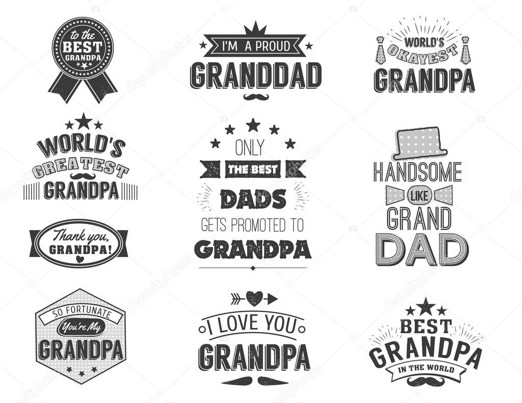 Isolated Grandfathers quotes on the white background. Grandpa congratulation label, badge vector collection. Granddads Mustache, hat, stars elements for your design
