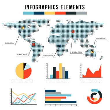 Modern infographics öğeleri. vektör grafikleri, grafik yıllık rapor sunumu için kümesi. Dünya Haritası halfton tarzı.