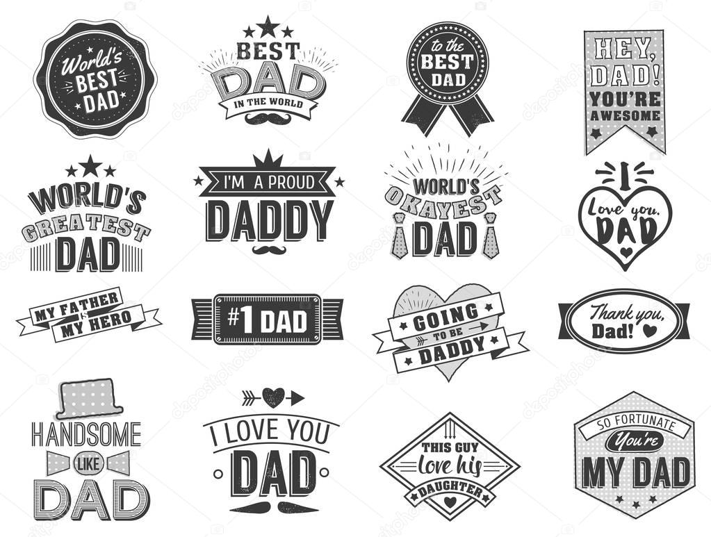Isolated Happy fathers day quotes on the white background. Dad congratulation label, badge vector collection. Mustache, hat, stars elements for your design.