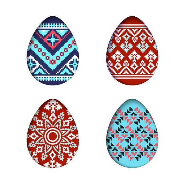 Векторний набір ізольованих яєць у стилі розрізання паперу для банера, весняної листівки або дизайну тла. Великдень пікселів племінних елементів орнаменту на білому тлі — стоковий вектор