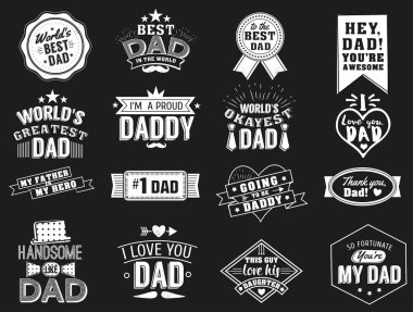 The variety of black and white dad signs. Isolated Happy fathers day quotes on the black background. Daddy congratulation label, badge vector collection. Mustache, hat, stars elements for your design. clipart
