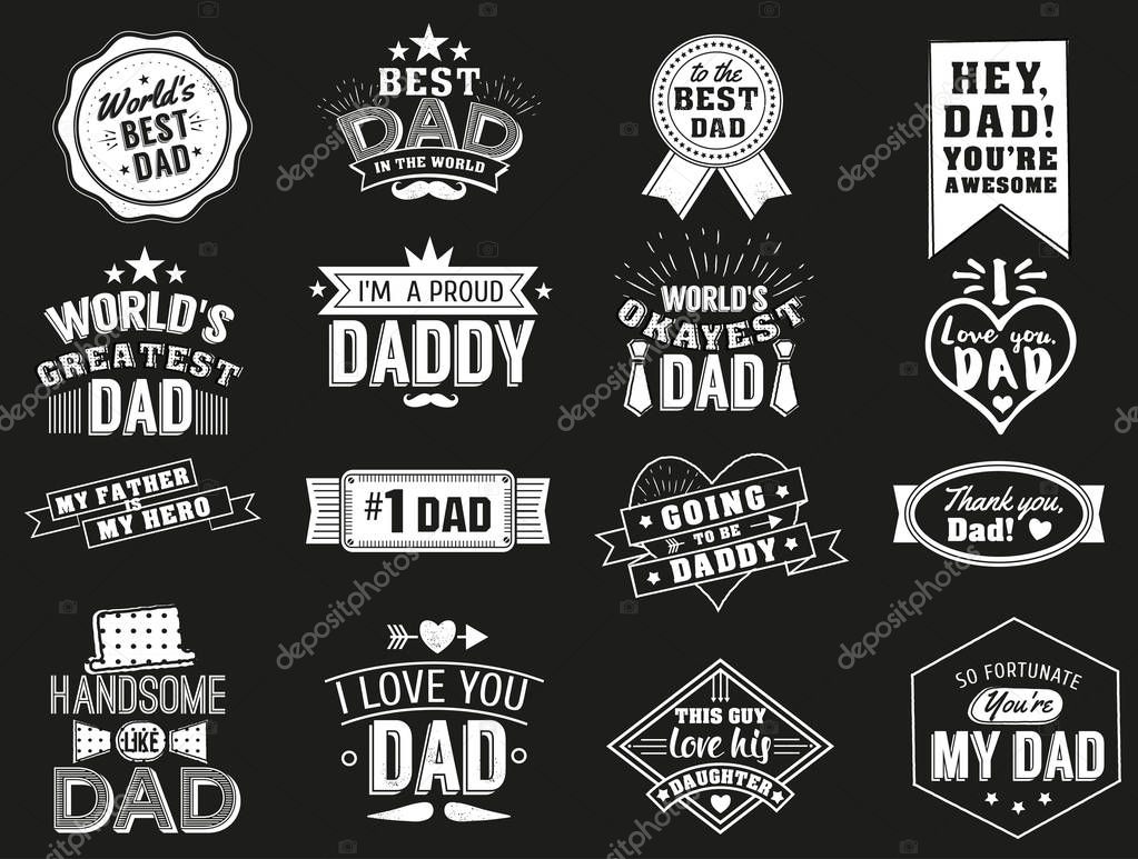 The variety of black and white dad signs. Isolated Happy fathers day quotes on the black background. Daddy congratulation label, badge vector collection. Mustache, hat, stars elements for your design