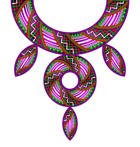 Los círculos ornamentales de color púrpura rojo y verde y deja ilustración vectorial. Collar vectorial étnico boho Bordado para mujeres de moda. Pixel patrón tribal impresión . — Vector de stock