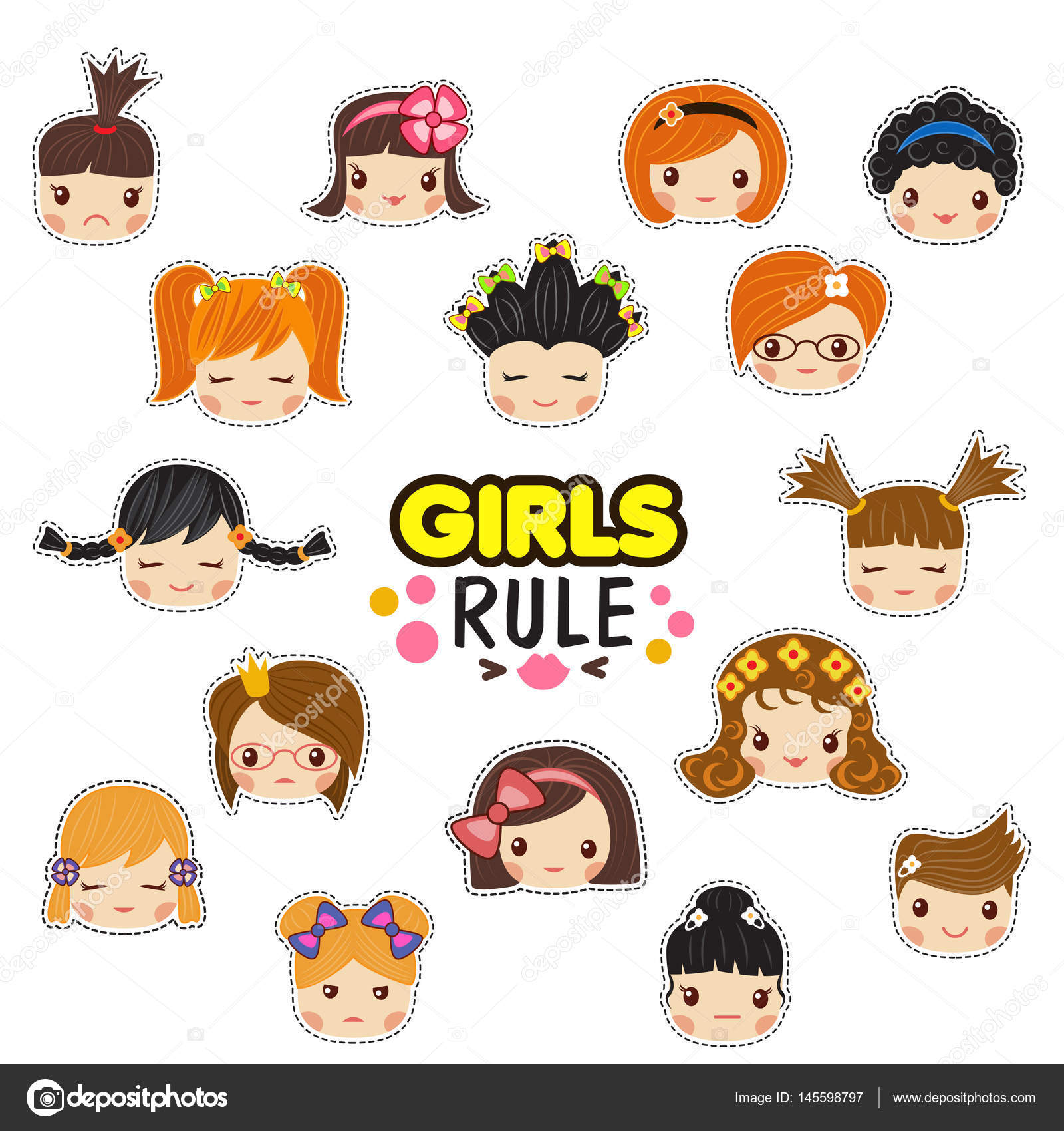 子供のベクトル イラストのセット女の子ルール テキストに直面しています 別の感情と子の髪のスタイル かわいいステッカー 印刷用パッチ ストックベクター C Peliken 子供のベクトル イラストのセット女の子ルール テキストに直面しています 別の感情と子の髪のスタイル かわいいステッカー 印刷用パッチ ストックベクター C Peliken