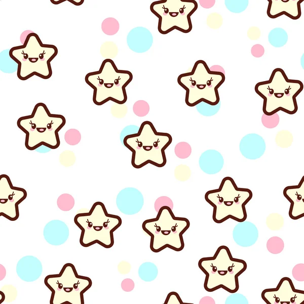 Ilustración vectorial de las estrellas lindas con las caras divertidas patrón sin costuras. Emoticones de moda de Kawaii para imprimir en camiseta, un regalo de cuerpo de una sola pieza para niños — Archivo Imágenes Vectoriales