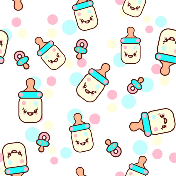 Vectorillustratie van de kinderlijke flessen met de grappige gezichten naadloze patroon. Trendy Kawaii emoticons voor afdrukken op t-shirt, een stuk lichaam geschenk voor kinderen — Stockvector