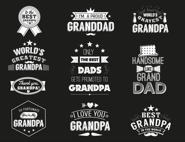 Abuelos aislados cita en el fondo negro. Etiqueta de felicitación abuelo, colección de vectores de insignias. Abuelos bigote, sombrero, estrellas elementos para su diseño . — Vector de stock