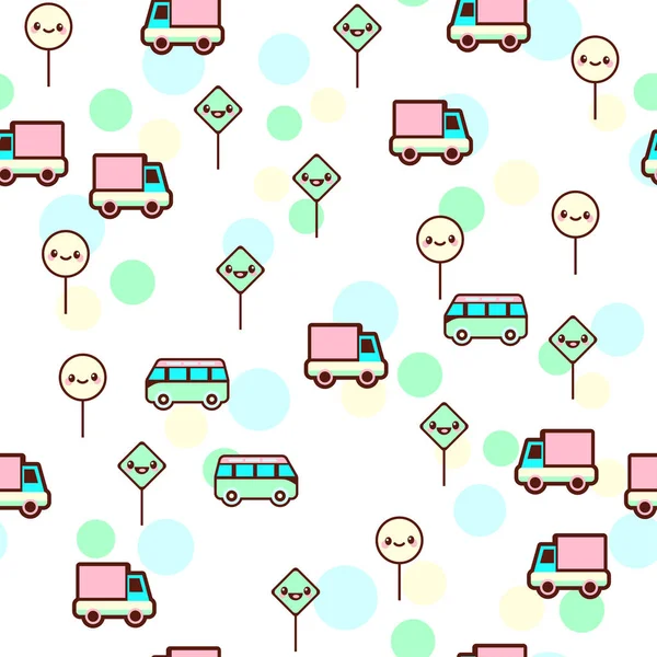 Vektor-Illustration des niedlichen Busses, Auto mit den lustigen Gesichtern nahtlose Muster. Modische Kawaii-Emoticons zum Print auf T-Shirt, einteiliges Körpergeschenk für Kinder — Stockvektor