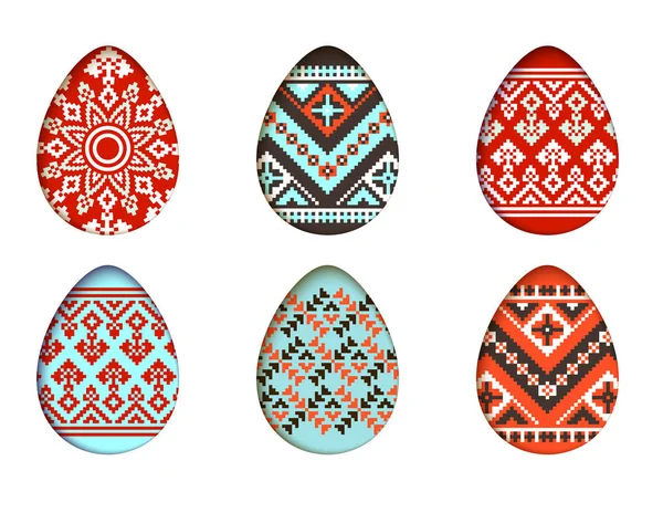 Huevos de Pascua vector establecido en estilo de corte de papel para banner, tarjeta de primavera o diseño de fondo. pixel aislado elementos de diseño ornamentados tribales — Vector de stock