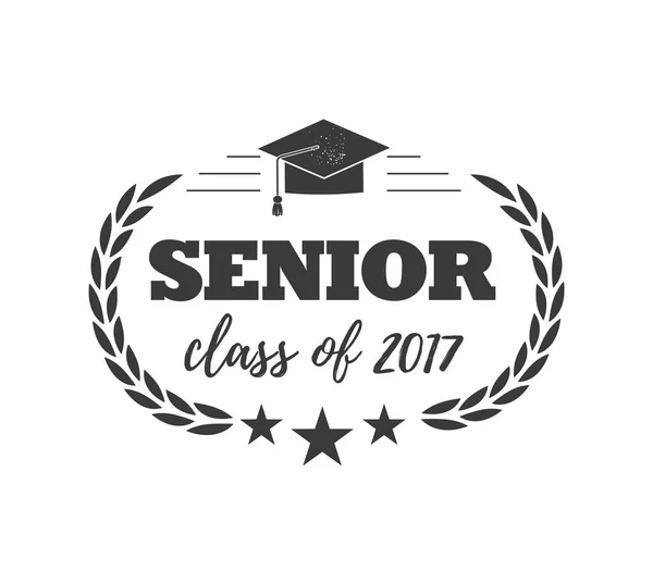 Insignia del logotipo para graduarse de la clase senior 2017, en fondo blanco aislado negro, diseño para la fiesta de graduación para estudiantes universitarios o universitarios — Vector de stock