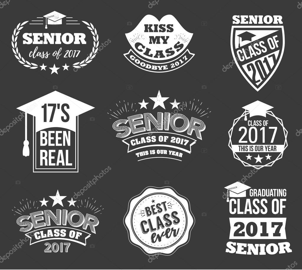 Collection of logo badges and cute funny labels for graduating senior class 2017, in white isolated against black background, design for the graduation party for university or college students