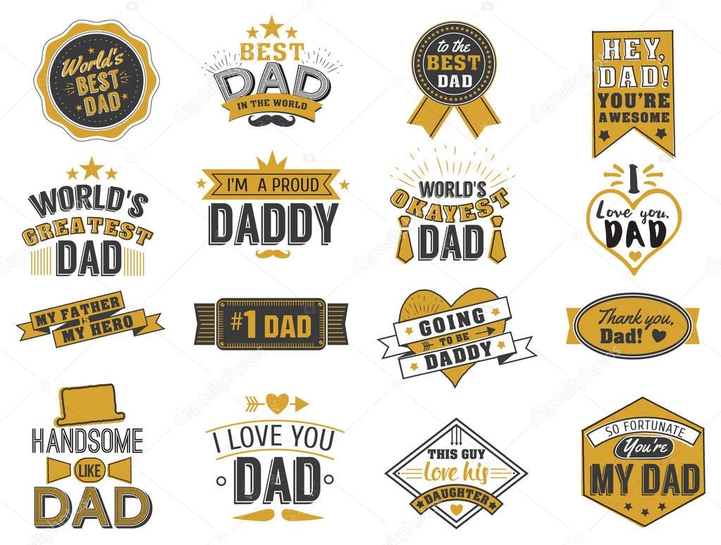 Isolated Happy fathers day quotes on the white background. Dad congratulation gold and black label, badge vector collection. Mustache, hat, stars elements for your design.