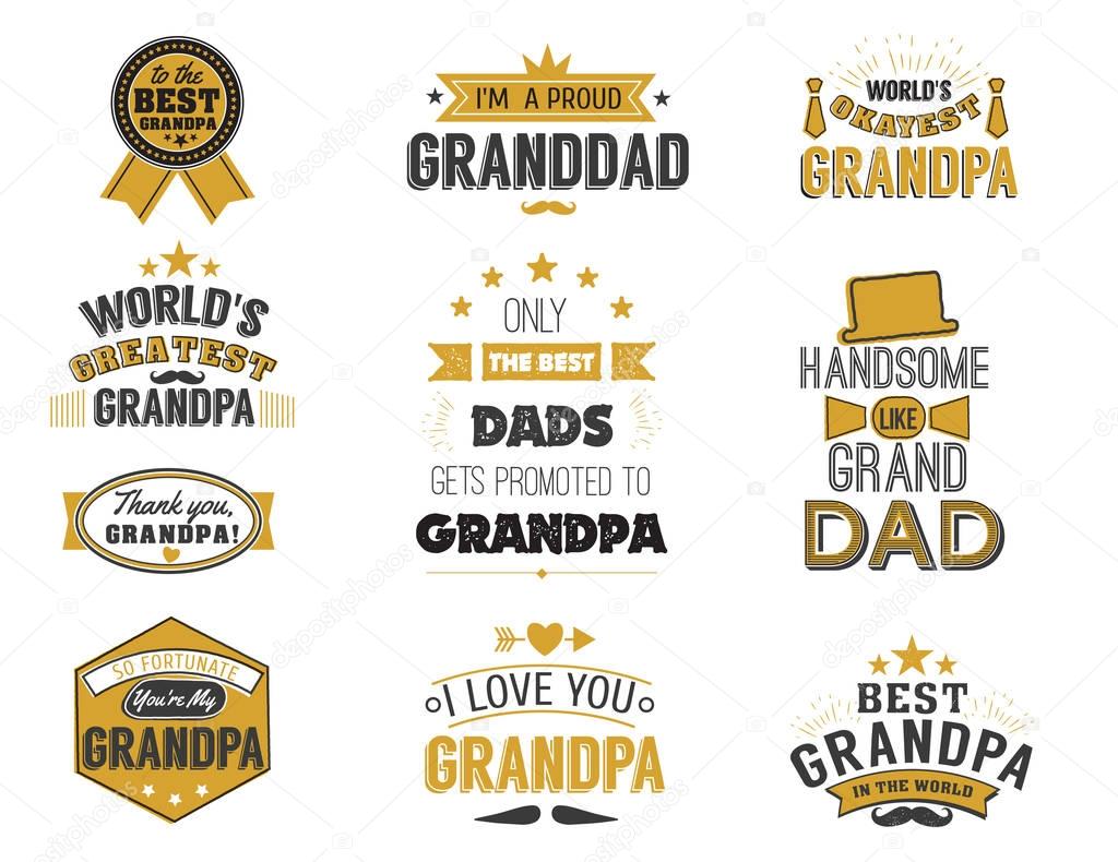 Isolated Grandfathers quotes on the white background. Grandpa congratulation label in black and gols colors, badge vector collection. Granddads Mustache, hat, stars elements for design.