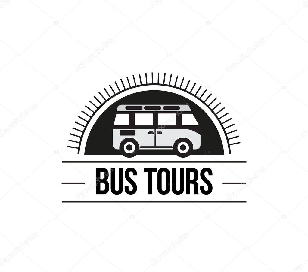 The black colored bus tours vector logo emblem with the lettering vector illustration.
