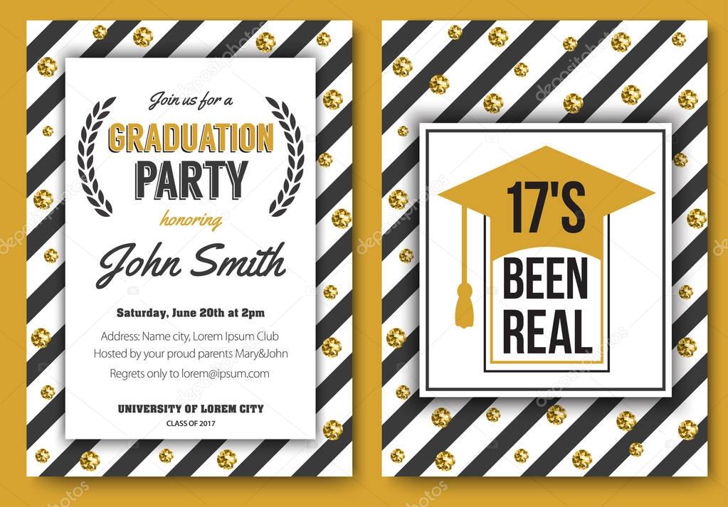 Graduation party vector template invitation to the traditional ceremony, college, university or high school student party, welcoming poster with elegant gold design