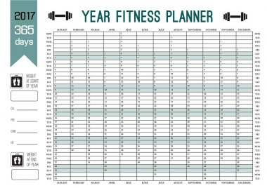 Yıl duvar planlayıcısı şablonu. Bu takvim ile tüm fitness planı. Spor ve diyet için vektör tasarımı.