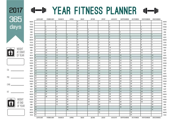 Roku ścienny Planer szablonu. Planować swój cały fitness z tego kalendarza. Wektor wzór dla sportu i diety. — Wektor stockowy
