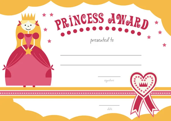 Certificado de princesa imprimible tiene un borde rosa bonito con una princesa y se puede utilizar para dar a las niñas para recompensar . — Vector de stock