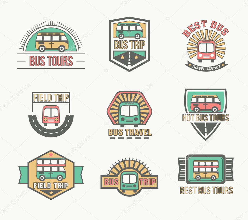 Bus trip and travel tour badge logo collection for traffic service tourism, color emblem set, vector flat style illustration isolated, different shapes