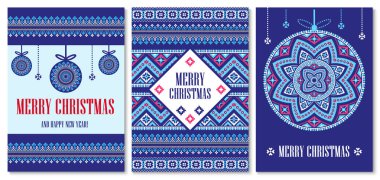 Şablon kartları Merry Christmas, geleneksel tarzda vektör. Yeni yıl Festival arka plan tatil top piksel süsleme ile.