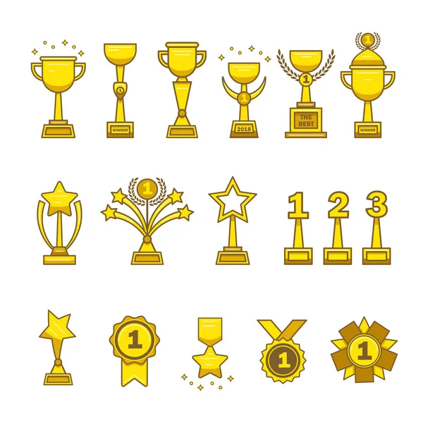 Gold awards cups medals set — Stock Vector