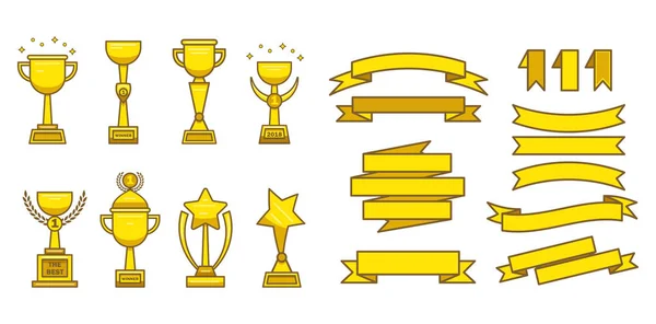 Gold awards cups medals set — Stock Vector