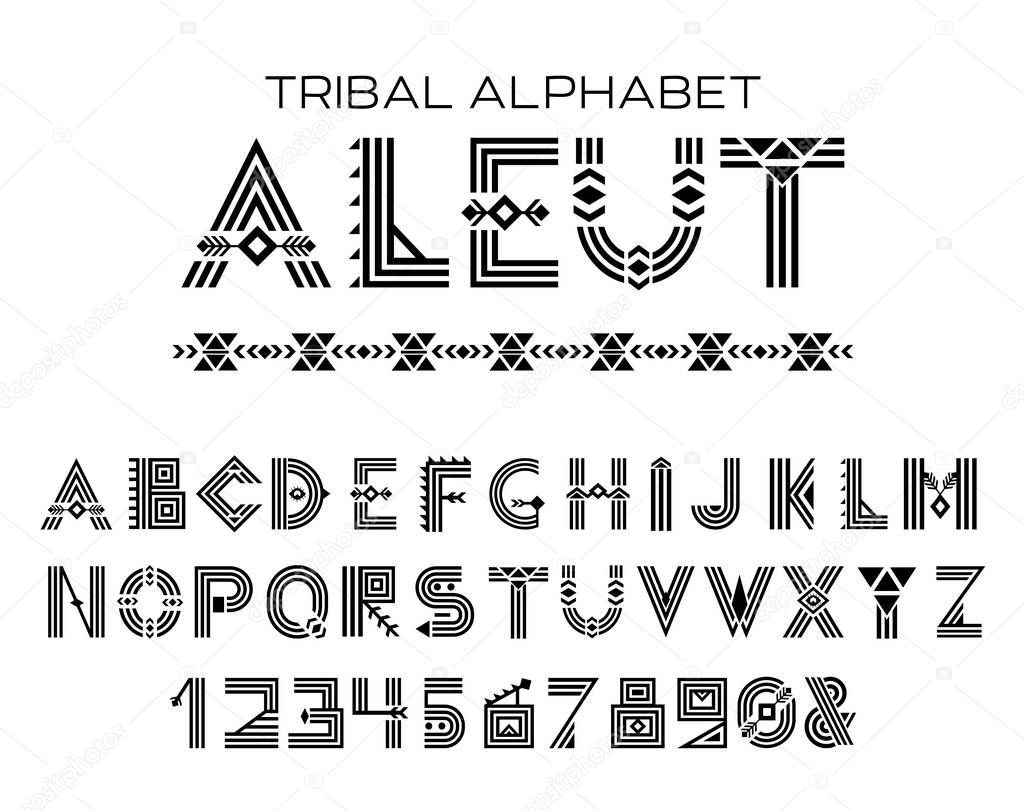 Tribal Aleut alphabet. Native Historic Cyrillic set of letters and figures, traditional ethnic characters in style of customs and traditions of Alaska culture. Vector illustration