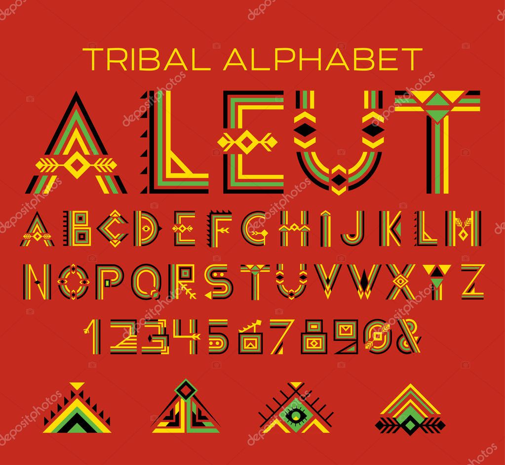 Tribal Aleut alphabet. Native Historic Cyrillic set of letters and figures, traditional ethnic characters in style of customs and traditions of Alaska culture. Vector illustration