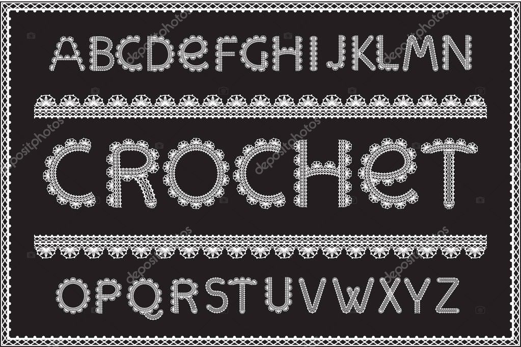 Crochet letters set. Handicraft alphabet, white yarn on black textured fabric, elegant technique of needlework design, thread pattern. Vector embroidery style illustration