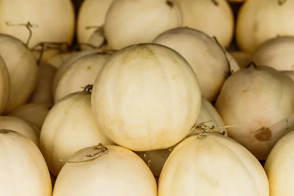 Melones de melón orgánicos frescos apilados en la mesa para la venta en el loc — Foto de Stock