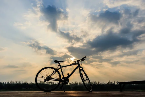 아름 다운 하늘에 호수와 석양 근처 자전거의 실루엣 — 스톡 사진