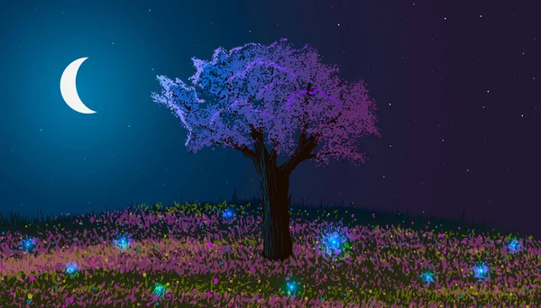 Spring. Night landscape. Blooming tree on a hill with flowers and glowworms. Moon among stars. — Stock Vector