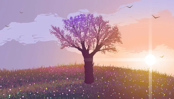 Άνοιξη. Ένα ανθισμένο δέντρο σε ένα λόφο με λουλούδια το ηλιοβασίλεμα. Πουλιά που πετούν στα σύννεφα. — Διανυσματικό Αρχείο