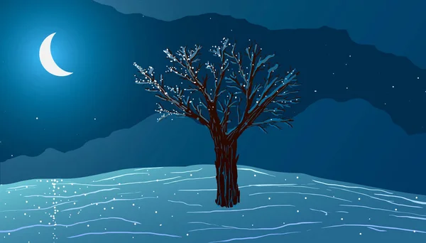 El invierno. Paisaje nocturno. Un árbol en la colina a la luz de la luna. — Vector de stock