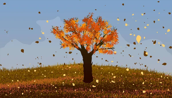 Automne. Arbre à feuilles caduques aux feuilles orange sur la colline. — Image vectorielle
