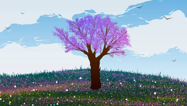 De lente. Bloeiende boom op een heuvel met bloemen en vlinders. Vogels vliegen in de wolken. — Stockvector