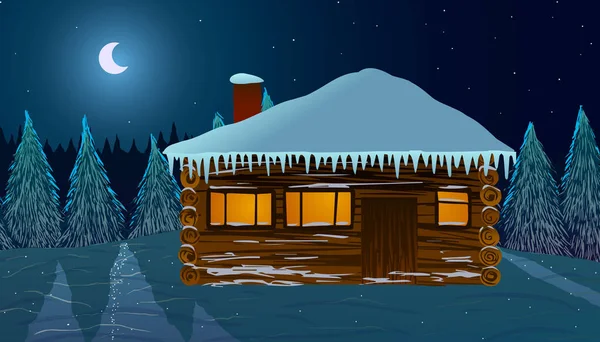 Ilustración vectorial. Casa en la nieve por la noche . — Vector de stock