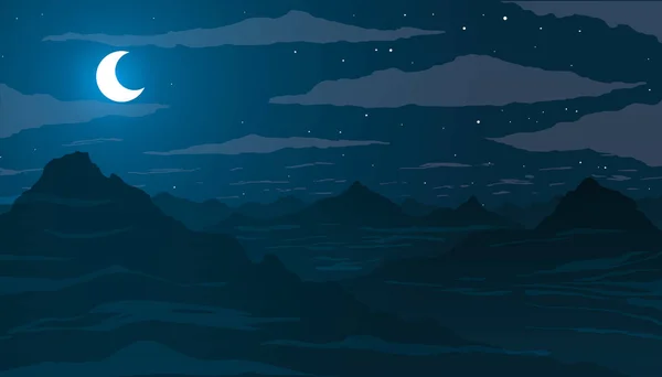 Noc v horách. Měsíc mezi hvězdami a mraky. — Stockový vektor