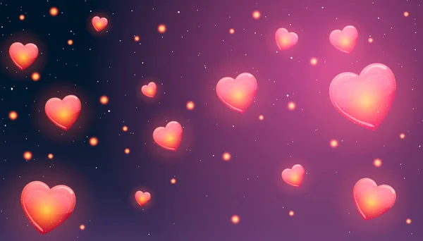 Día de San Valentín. Corazones brillantes vuelan en el cielo . — Vector de stock