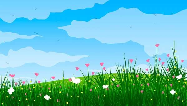 緑の牧草地、花、春の butterflyes. — ストックベクタ