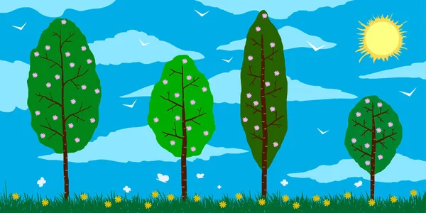 Primavera. Desenhos animados árvores florescentes no campo com flores, nuvens e sol . — Vetor de Stock