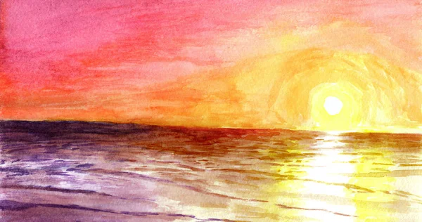 Zonsondergang op de Oceaan in aquarel. — Stockfoto