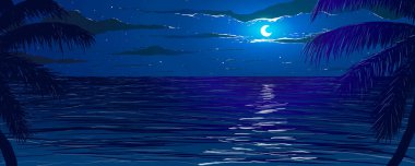 Vektör çizimi. Gece sahilinde. Okyanusun arka planında palmiye ağaçlarının siluetleri.