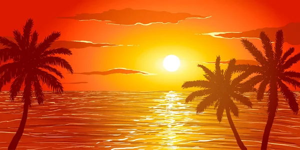 Strand bij zonsondergang in vector. Silhouetten van palmbomen op de achtergrond van de oceaan. — Stockvector