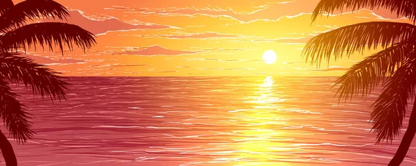 Vector illustratie. Strand bij zonsondergang. Silhouetten van palmbomen op de achtergrond van de oceaan. — Stockvector