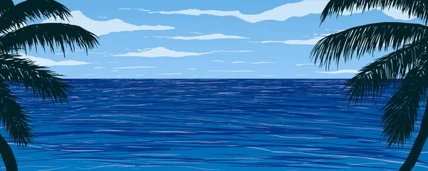 Vektör çizimi. Mavi okyanusun arka planında palmiye ağaçlarının siluetleri. — Stok Vektör