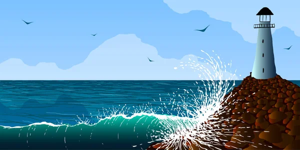 Vektorillustration. Fyrtorn på en klippa nära havets strand. — Stock vektor