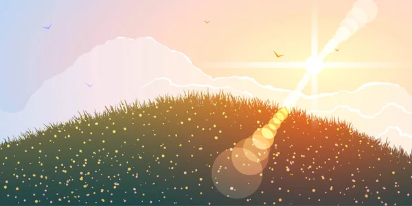 日没のベクトル緑の牧草地と花 — ストックベクタ