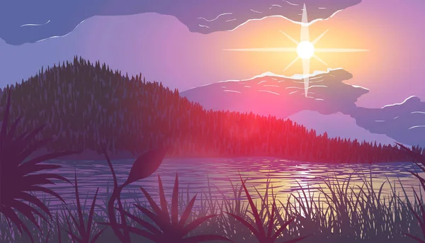 Rive de rivière herbeuse parmi les montagnes au coucher du soleil dans le vecteur — Image vectorielle